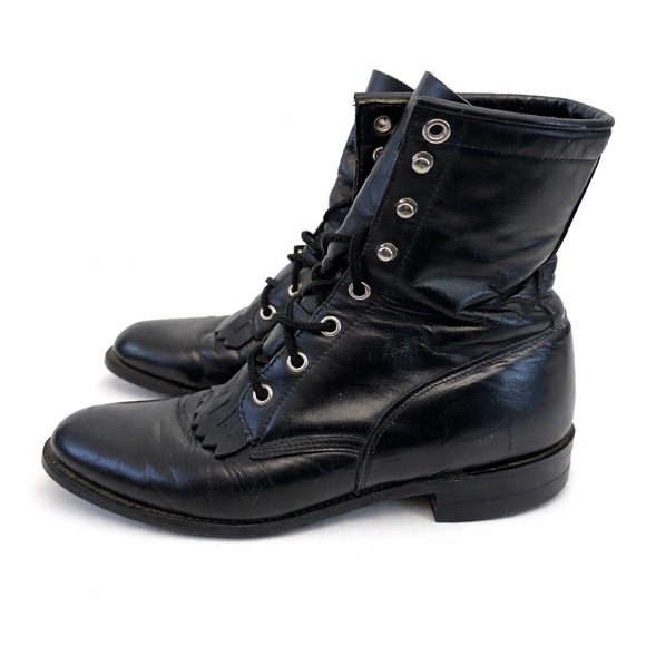 Justin Womens Black Leather Lace Up Kiltie Western Boots Style 506 Size 6.5 B - Picture 4 of 8